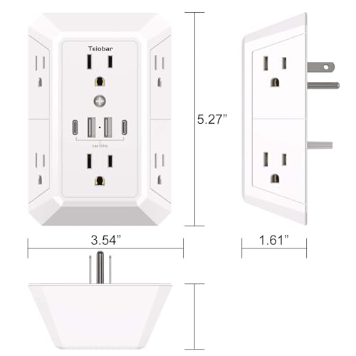 Teiobar Surge Protector 6 Outlets 4 USB Ports 125 Volts 15 Amps 1875 Watts White