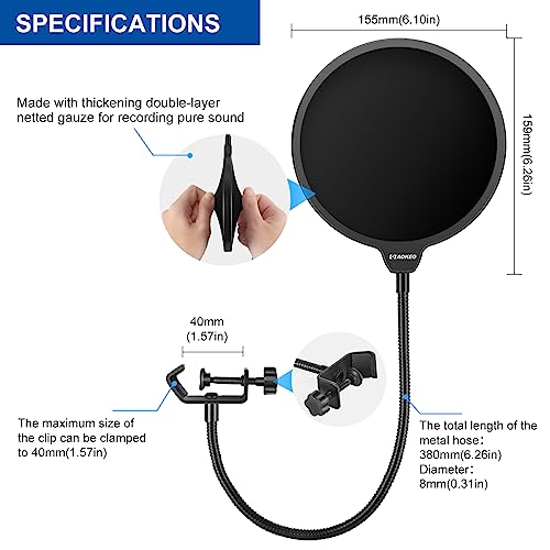 Aokeo 1 Count 6269 Mic Pop Filter Dual Layered Flexible Gooseneck Clamp