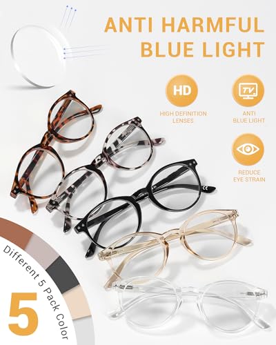 JOLISU 5 Count Reading Glasses 2 Diopters Round Full Rim Plastic Frame Black, Transparent, Leopard, Tortoise, Orange