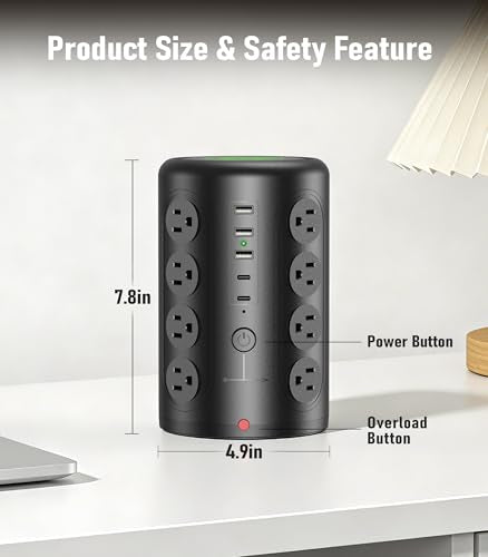 TenTrend 16 Outlets Power Strip Tower with 5 USB Ports, 15 Amps, Type B Plug, 2000 Joules Surge Protection, Black