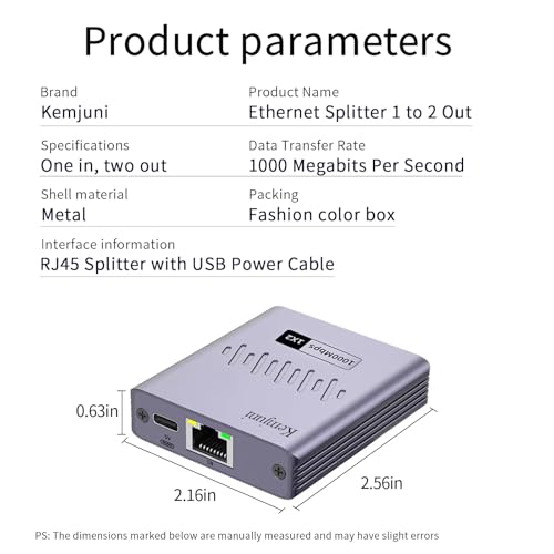 Kemjuni Ethernet Splitter 1 to 2 Powered Network Adapter 1000Mbps