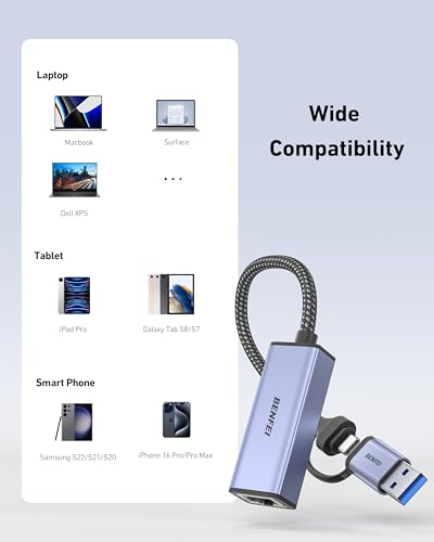 BENFEI USB 3.0 to Ethernet Adapter Model 000317grey, Ethernet, USB, Gigabit Ethernet