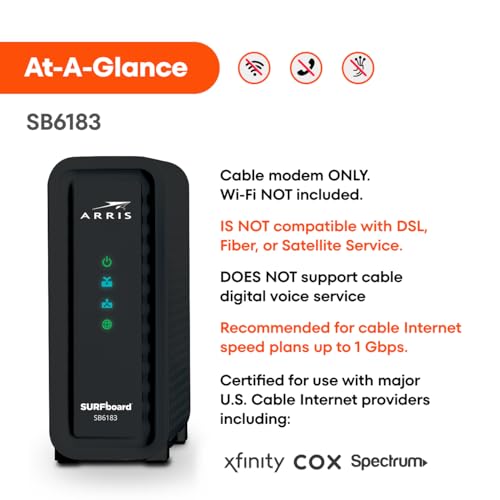 ARRIS SB6183 Black Cable Modem, 131 Mbps Upload, 686 Mbps Download, DOCSIS 3.0, Ethernet Connectivity