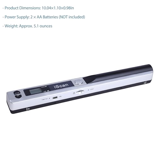 Generic Portable Document Scanner for Photos and Receipts, 900 dpi, USB Connection, Dimensions: 10.04"D x 1.1"W x 0.98"H
