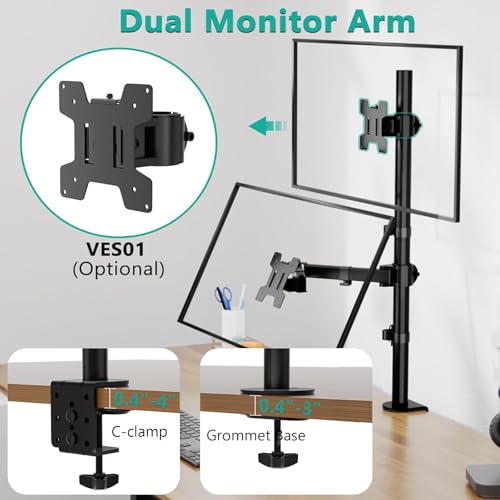 WALI M001XL Single Mount for Tabletop Mounting, Max Screen Size 32 inches, Max Weight 22 lbs, Adjustable Arm, Black