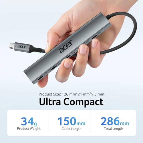 Acer 5 Ports ODK4L0 USB C Hub, 10Gbps Data Transfer, USB Type C, Grey, Aluminum Housing
