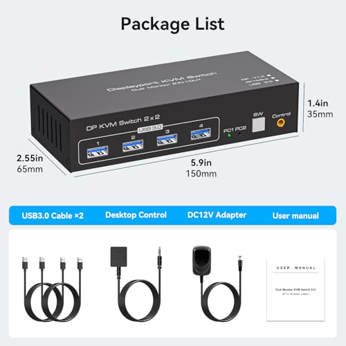 TJCXELE KVM Switch 2 Computers 2 Monitors 4K@144Hz USB 3.0