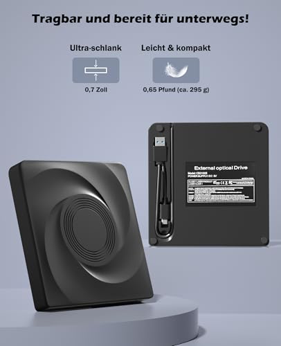 Wbacon 5.75" Portable External Blu-ray Drive 6X Read Speed USB 3.0 Type-C Black