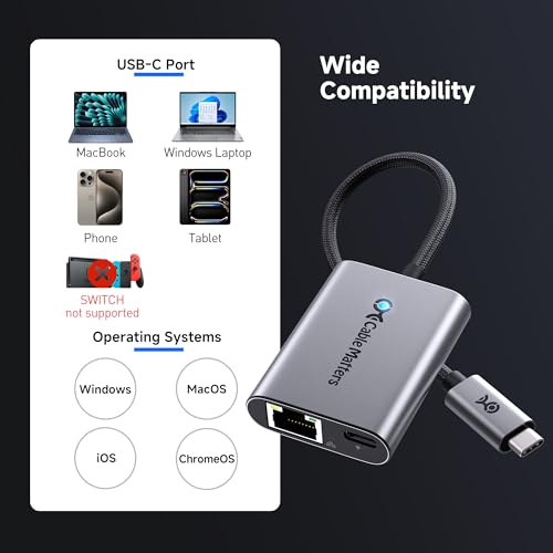 Cable Matters 2-Port USB C to Ethernet Adapter 1000Mbps, 140W Power Delivery, Aluminum Housing, Model 201153-BLK