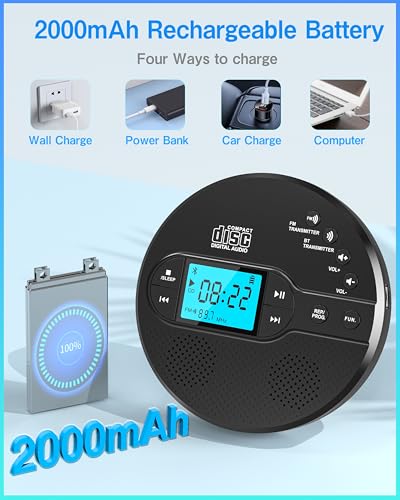 Sunoony Portable CD Player CD-35H Rechargeable Bluetooth AUX Lightweight 2-Channel CD Player