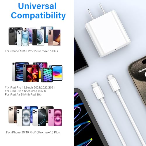 KTDRJN 3 Pack 20W USB C Fast Wall Chargers, Model A02012, Rated 15 Watts, Equipped with 6ft USB C to C Cables
