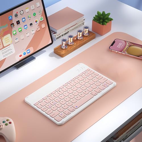 LOOBOAKY Wireless Keyboard QWERTY 78 Keys Pink Ergonomic Bluetooth Rechargeable for Tablets