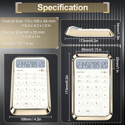 VEWINGL 12 Digit Standard Function Calculator, LCD Display, Battery Powered, Electroplated White, Model JN-900