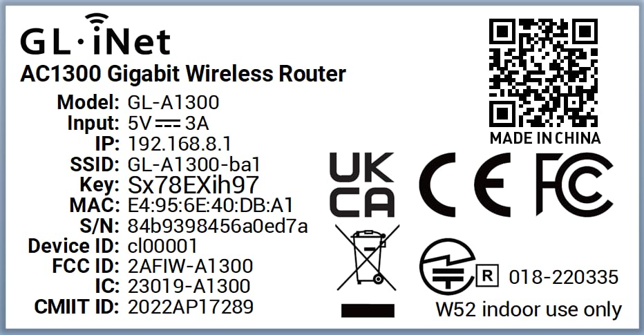 GL.iNet 4.65"L x 3.31"W x 1.30"H GL-A1300 1300 Mbps 2 Antennas Dual-Band Wi-Fi Router