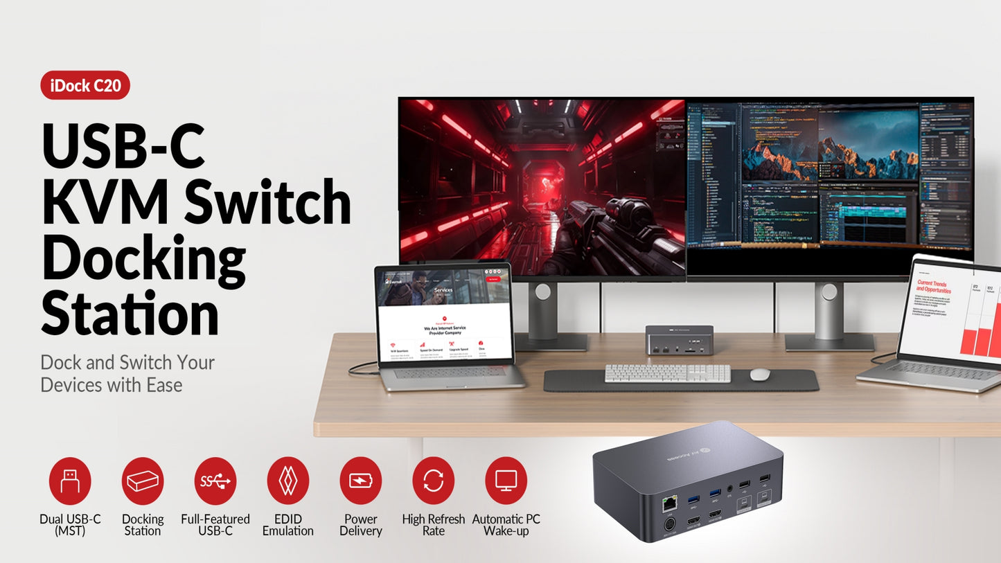 v AV Access iDock-C20-US KVM Switch 2 Monitors 4K@60Hz 120W USB-C Docking Station KVM