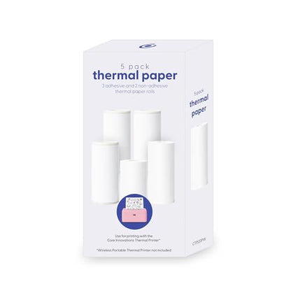 Core Innovations 2.18" x 9.85" (adhesive) / 2.18" x 18.86" (non-adhesive) Thermal Printer Paper 20lb 5 Count