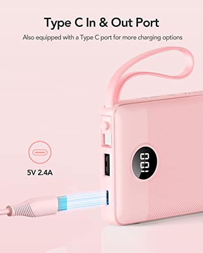 VRURC 10000mAh Portable Charger T1116 Slim Travel Power Bank with Built-in Cables, USB Type-C/USB-A/Micro for iPhone Cables