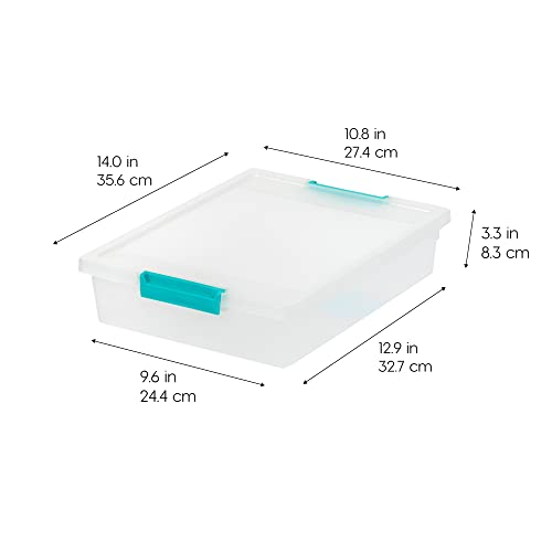 IRIS USA 6 Quart Storage Bin with Lid, Model 500169, Rectangular, Water Resistant, Clear/Seafoam Blue