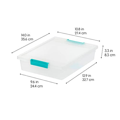 IRIS USA 6 Quart Storage Bin with Lid, Model 500169, Rectangular, Water Resistant, Clear/Seafoam Blue