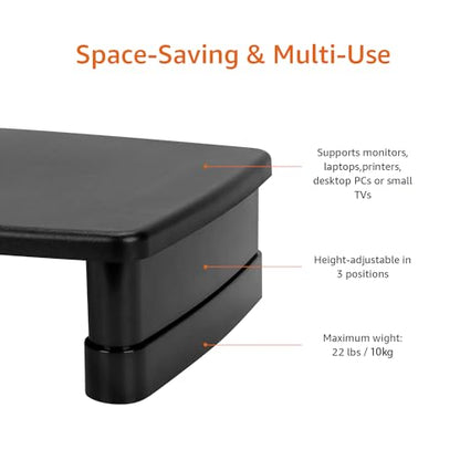 Amazon Basics Height Adjustable Monitor Stand Riser with Storage Organizer - 22 lbs Capacity, Multi-Height Adjustment, Ergonomic Design