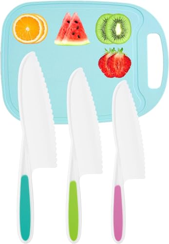 DIKAKO 4-Piece Kids Knife Set Nylon Serrated Blades with Cutting Board