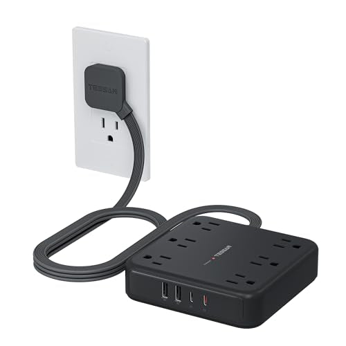 TESSAN 5Ft Power Strip with 6 AC Outlets and 3 USB Ports (2 Type-C, 1 Type-A), 125 Volts, 2100 Joules Surge Protection, Flat Plug, Model TS-PS08US00