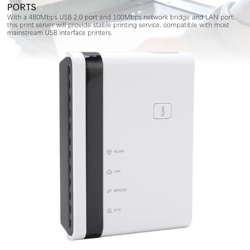 GOWENIC USB Print Server, 10 100Mbps LAN Bridge Wireless Wired Standalone Print Server Support 4 Printers Plug and Play, with 480Mbps USB 2.0 Port, for Windows OS 7 8 10 11 and macOS (US Plug)