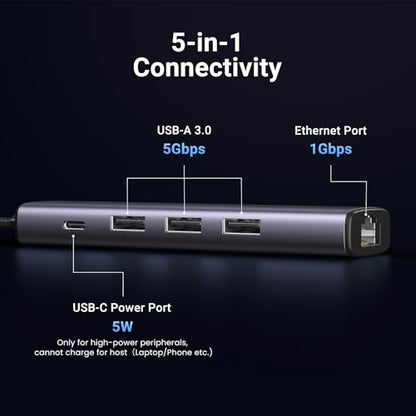 UGREEN 5-Port USB Hub with Gigabit Ethernet RJ45 3x USB 3.0 Ports, Aluminum Enclosure, Compatible with Windows, Mac OS, Linux, and Chrome OS