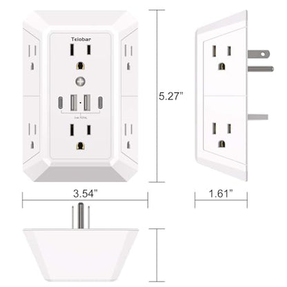 Teiobar Surge Protector 6 Outlets 4 USB Ports 125 Volts 15 Amps 1875 Watts White