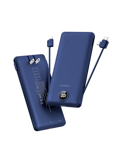 VEGER 10000mAh V1115 Power Bank - Slim Design with Built-in AC Plug - 4 Port Charger - Lithium Polymer - Navy