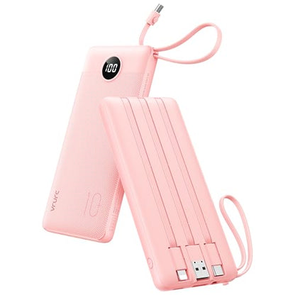 VRURC 10000mAh Portable Charger T1116 Slim Travel Power Bank with Built-in Cables, USB Type-C/USB-A/Micro for iPhone Cables