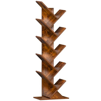 SHEEPAM 10 Tier Tree Book Shelf, Floor Mount, Wood, Unfinished Finish, Freestanding