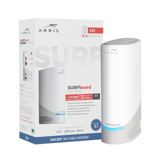 ARRIS S33-RB Cable Modem DOCSIS 3.1 2 Ports 2500 Mbps Ethernet Modem White
