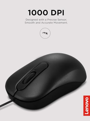 Lenovo USB Wired Optical Computer Mouse GY51K20071 Ambidextrous 1000DPI Black