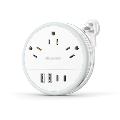 NTONPOWER Travel Power Strip NTON-APO-3A2U2C-US-WH-1.22M, 7 Outlets, 4 USB Ports, 125V-10A, Polycarbonate, White
