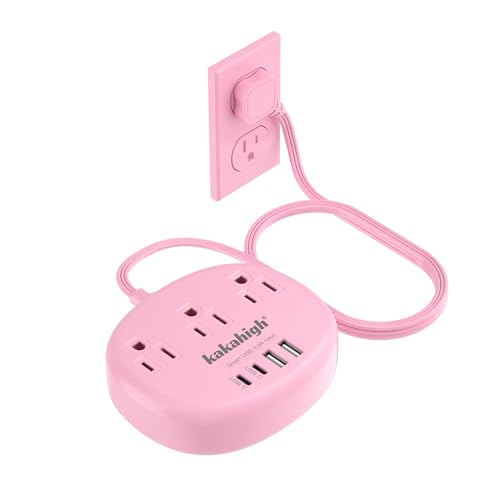 kakahigh 5FT 771-W Pink Extension Cord 125 Volts 1625 Watts Standard Power Strip with 3 AC Outlets and 4 USB Ports