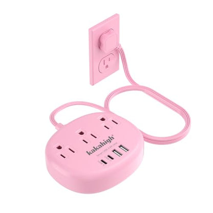 kakahigh 5FT 771-W Pink Extension Cord 125 Volts 1625 Watts Standard Power Strip with 3 AC Outlets and 4 USB Ports