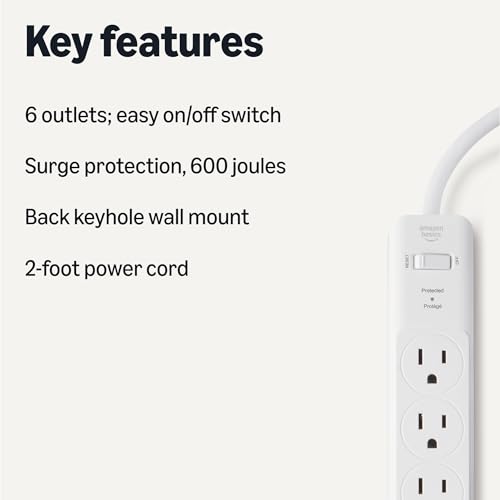 Amazon Basics 6-Outlet Surge Protector Power Strip AC-6UX-D00 Type B 125V 15A 600 Joules White 2-Pack