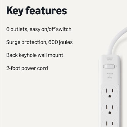 Amazon Basics 6-Outlet Surge Protector Power Strip AC-6UX-D00 Type B 125V 15A 600 Joules White 2-Pack