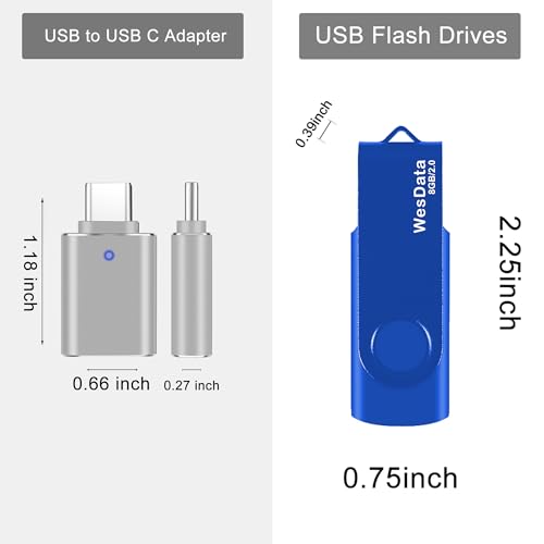WesData 8GB WD8GB2.0-1BLUE USB 2.0 Flash Drive with USB C Adapter