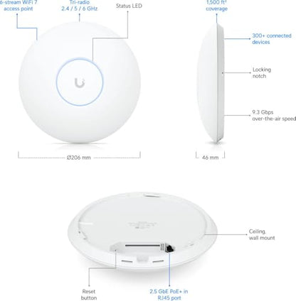 Ubiquiti U7-Pro Access Point WiFi7 10.8Gbps PoE+ 256GB RAM