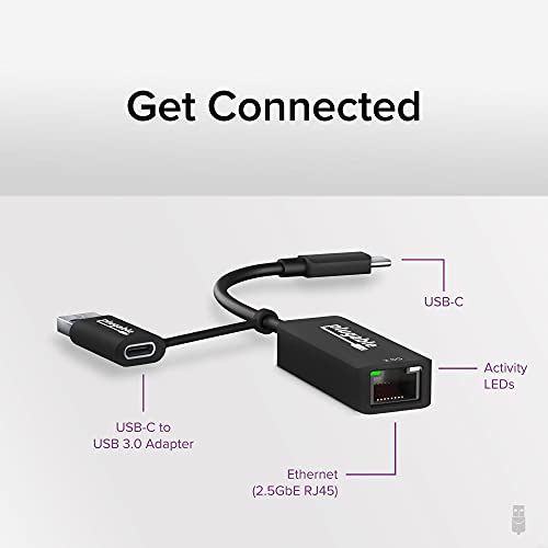 Plugable 2.5G USBC-E2500 USB-C to Ethernet Adapter – 2.5Gbps Dual-Connector Adapter Compatible with Thunderbolt 5 & 4, USB4, USB 3.0, Windows, Mac, ChromeOS, iPhone 15 & 16