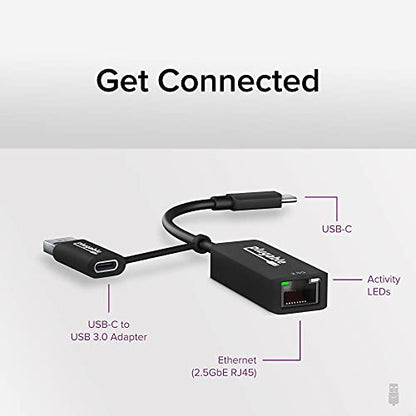 Plugable 2.5G USBC-E2500 USB-C to Ethernet Adapter – 2.5Gbps Dual-Connector Adapter Compatible with Thunderbolt 5 & 4, USB4, USB 3.0, Windows, Mac, ChromeOS, iPhone 15 & 16