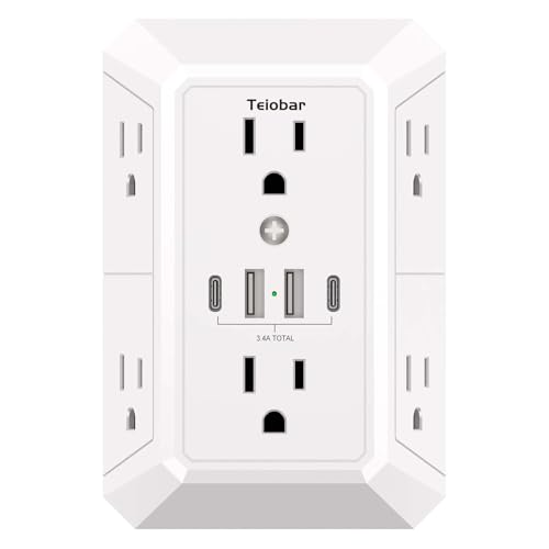 Teiobar Surge Protector 6 Outlets 4 USB Ports 125 Volts 15 Amps 1875 Watts White