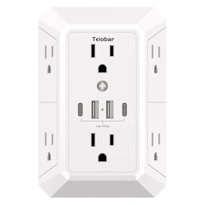 Teiobar Surge Protector 6 Outlets 4 USB Ports 125 Volts 15 Amps 1875 Watts White