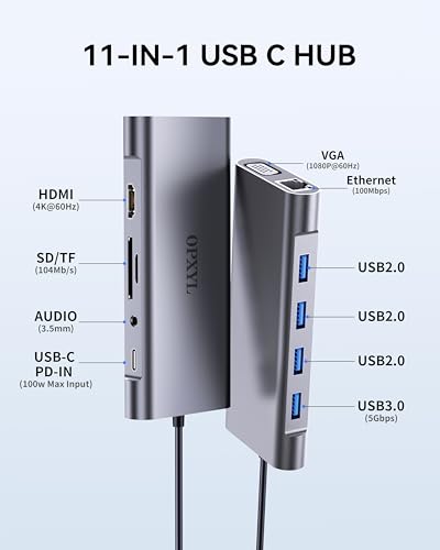 OPXYL 11-in-1 USB C Hub Multiport Adapter with 4K HDMI, VGA 1080P, 100W Power Delivery, Ethernet, USB 3.0