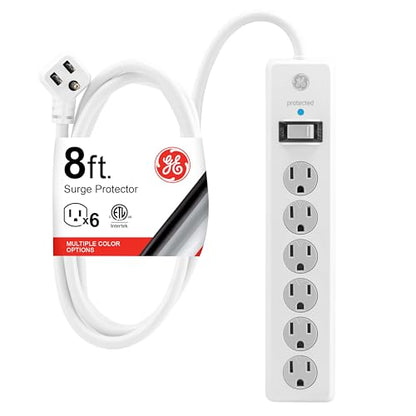 GE 8 Ft Surge Protector Power Strip Model 67044, 125 Volts, 6 Outlets, 800 Joules Surge Protection