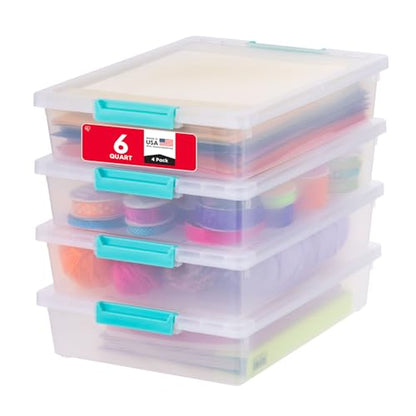 IRIS USA 6 Quart Storage Bin with Lid, Model 500169, Rectangular, Water Resistant, Clear/Seafoam Blue