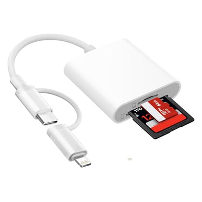 Denlane SD Card Reader Dual Connector Adapter for iPhone/iPad/Mac, USB C & Lightning, Plug & Play, Compatible with Various SD Formats