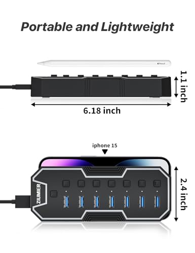 ZIUMIER USB Hub, 7 Ports, USB 3.0, 5Gbps, Black, Model L90